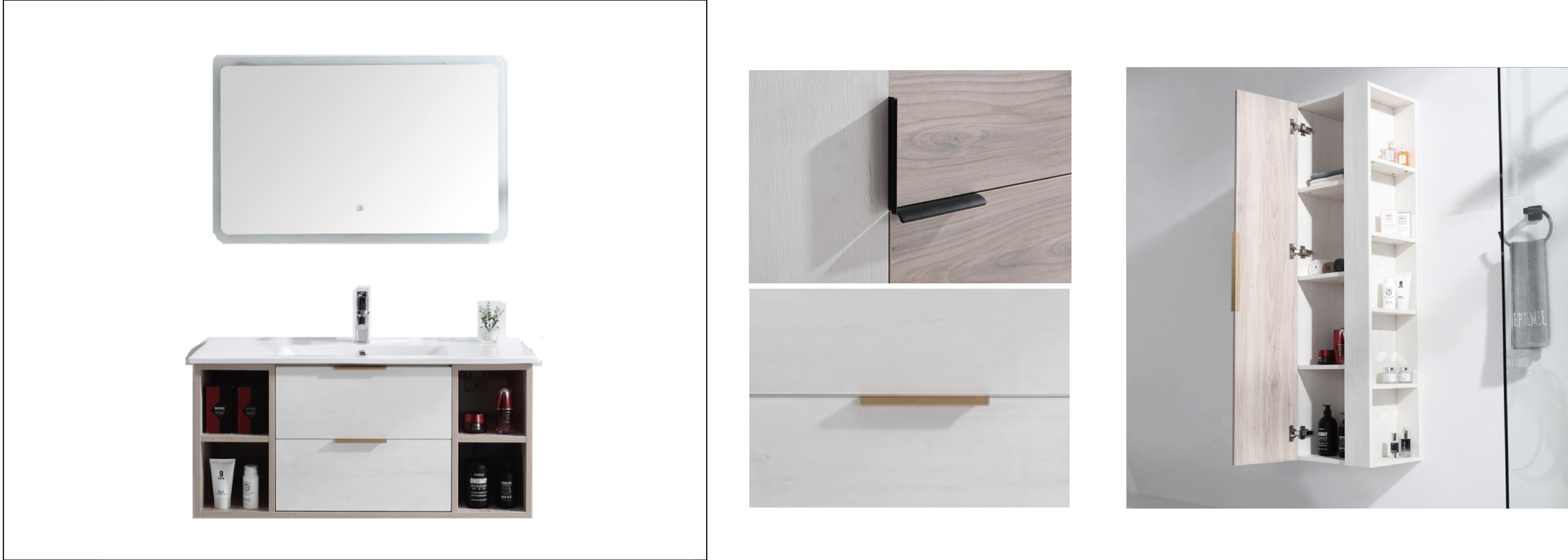 Ideas de tocadores de baño montados en la pared con gabinetes laterales